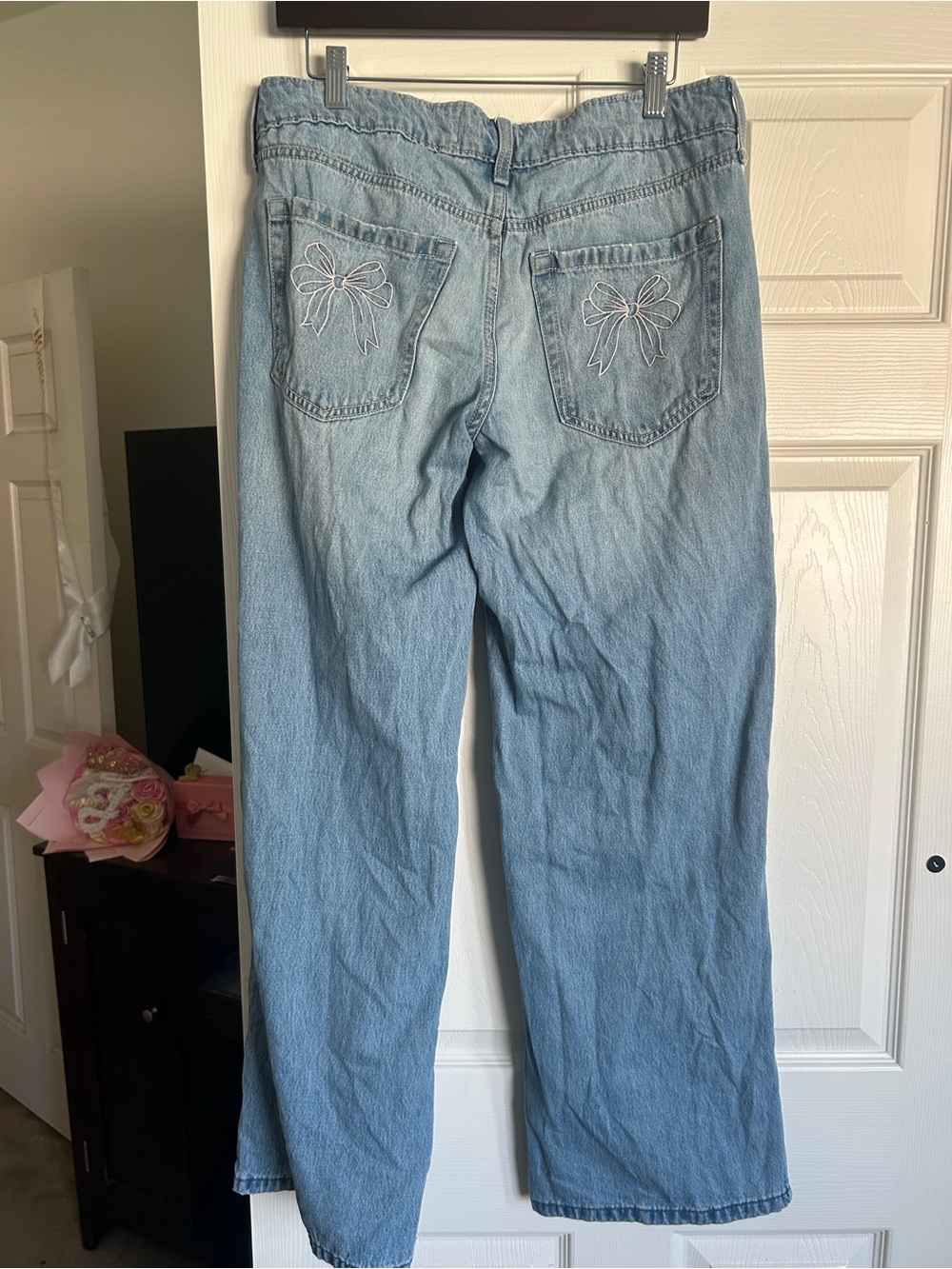 Hollister Light Blue Straight Leg Jeans with Embroidered Back Bows